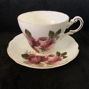 Regency Bone China, Tea Cup Saucer, Lt&Dk Pink Roses,Army Green Leaves,Gold Trim